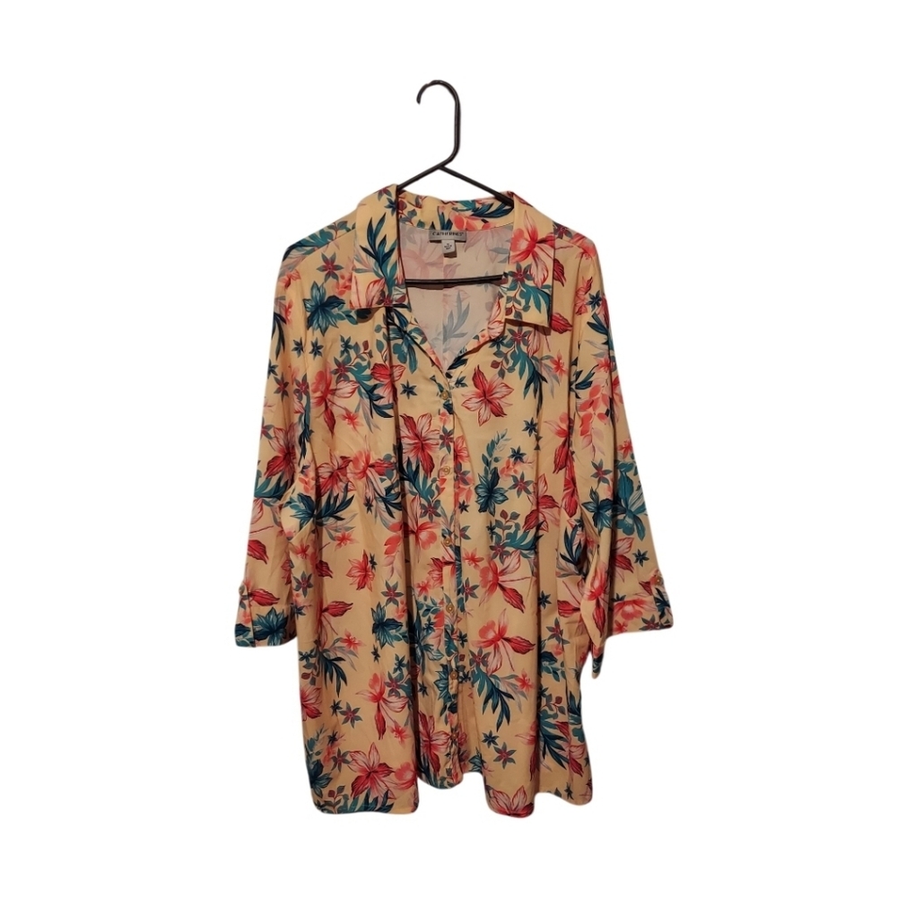 Catherines Top 3X Floral Button up Shirt Roll Tab Career Office Garden Party